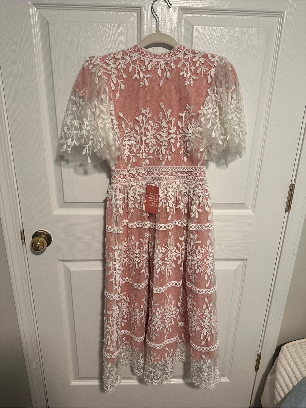 Elegant Pink Lace Midi Dress with White Embroidered Overlay